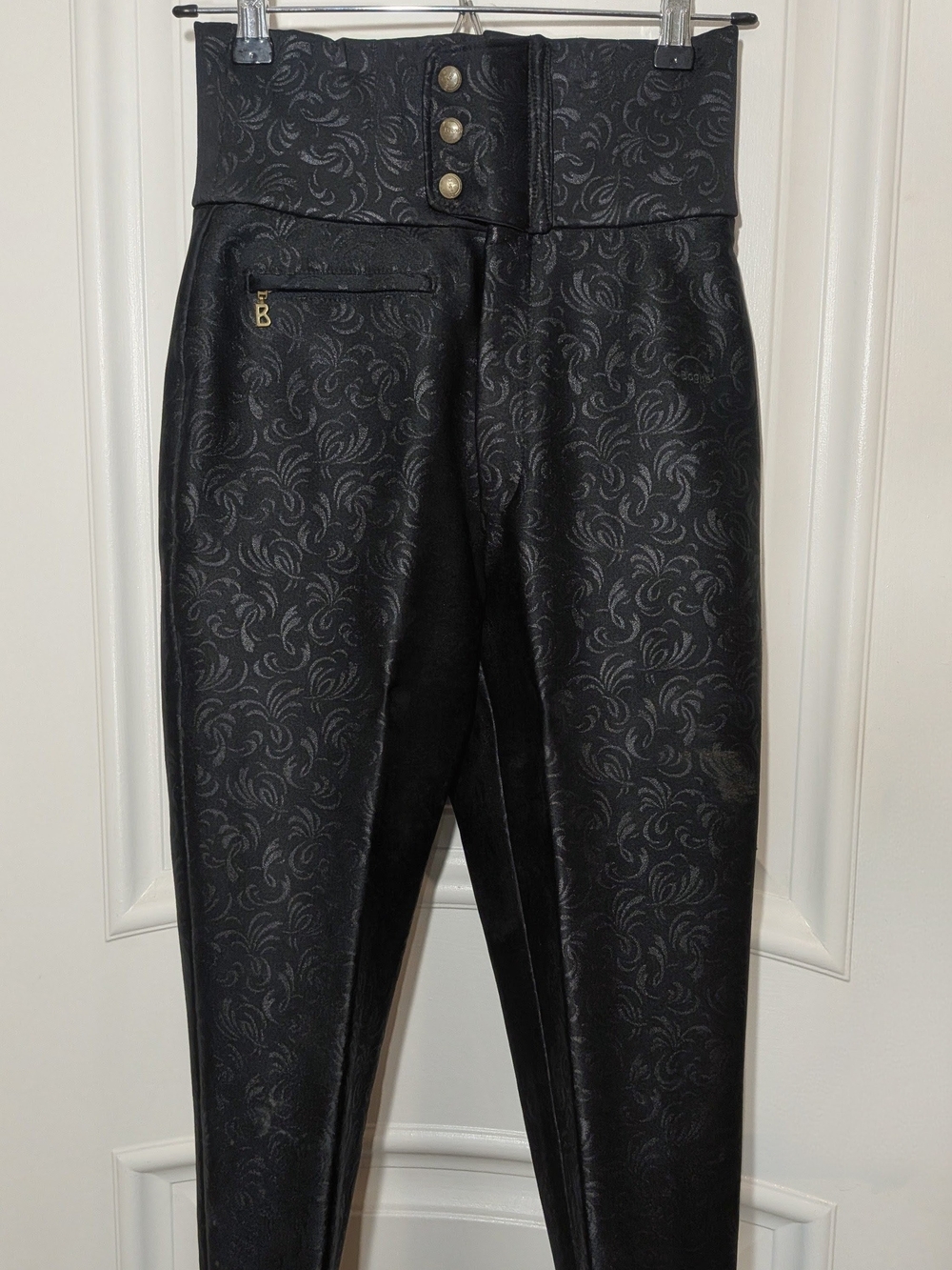 Vintage Bogner Black High-Waist Jacquard Ski  Pants w/ Gold Hardware
